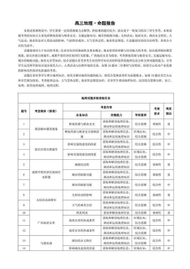 地理-湖南高三三联命题报告第1页