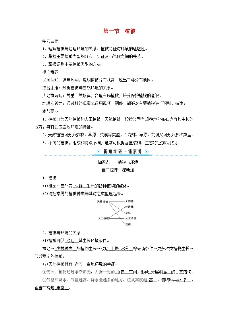 新教材适用2023_2024学年高中地理第五章植被与土壤第一节植被学案新人教版必修第一册01