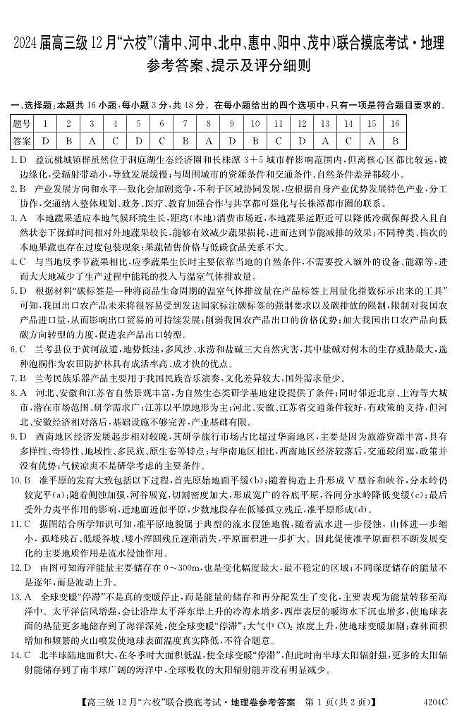 广东省六校(清中、河中、北中、惠中、阳中、茂中)2023-2024学年高三上学期12月联合摸底考试地理答案第1页