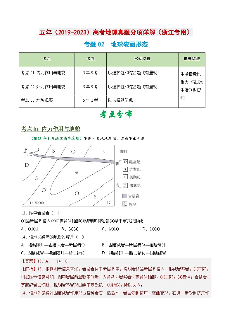 专题02 地球表面形态-备战2024年地理高考之五年真题汇编(浙江专用)01