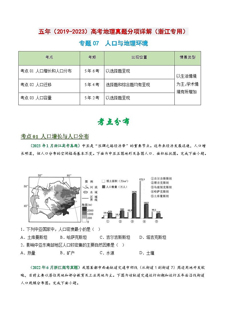 专题07 人口与地理环境-五年()高考地理真题分项汇编(浙江专用)(原卷版)第1页