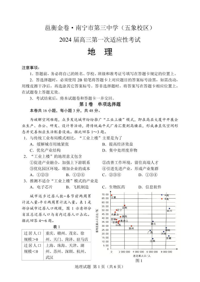 广西南宁市第三中学2024届高三第一次适应性考试（12月联考）地理试题及答案01