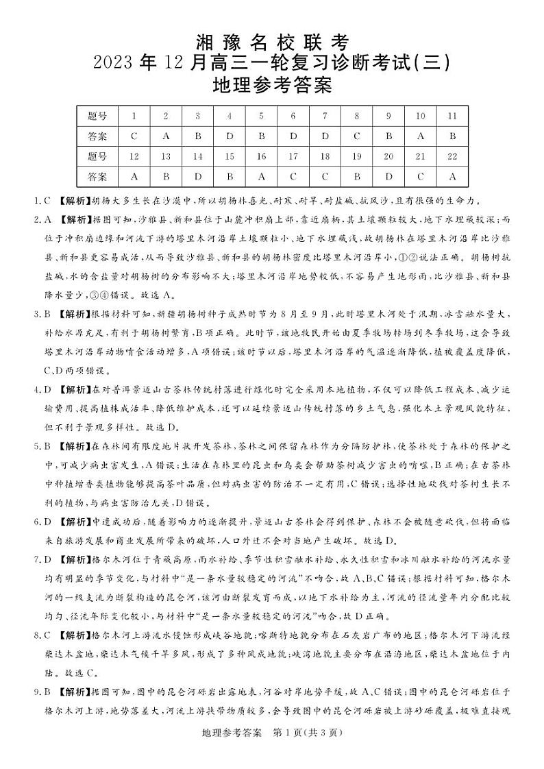 湘豫名校联考2023-2024学年12月高三一轮复习诊断考试(三)地理答案01