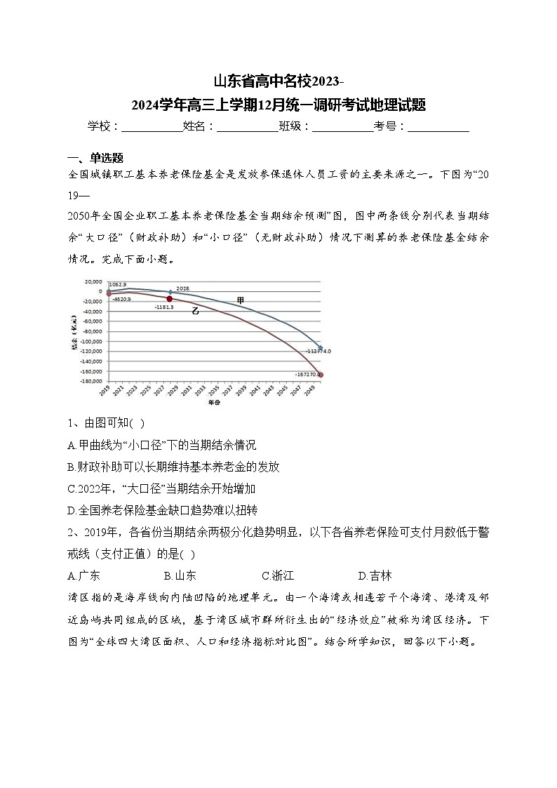 山东省高中名校2023-2024学年高三上学期12月统一调研考试地理试题(含答案)第1页