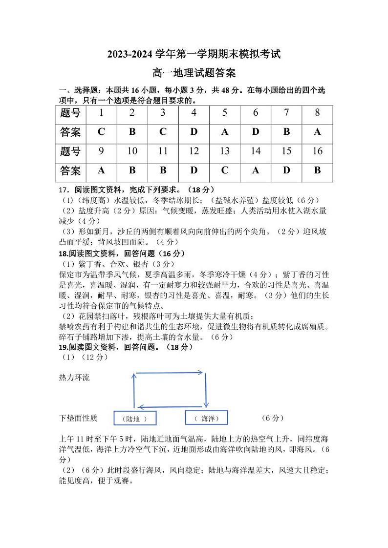 河北省保定市部分学校2023-2024学年高一上学期1月月考地理答案第1页