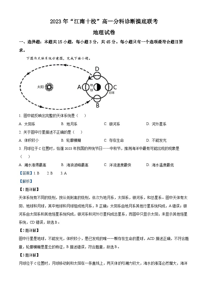 安徽省江南十校2023-2024学年高一上学期12月分科诊断模拟联考地理试卷含解析第1页