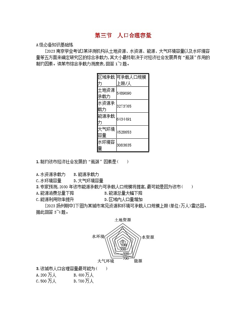 2023_2024学年新教材高中地理第一单元人口与环境第三节人口合理容量分层作业鲁教版必修第二册第1页
