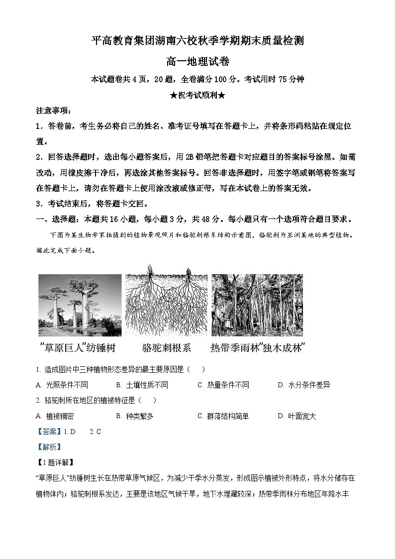 湖南省长沙市平高教育集团六校2023-2024学年高一上学期期末联考地理试题(Word版附解析)第1页