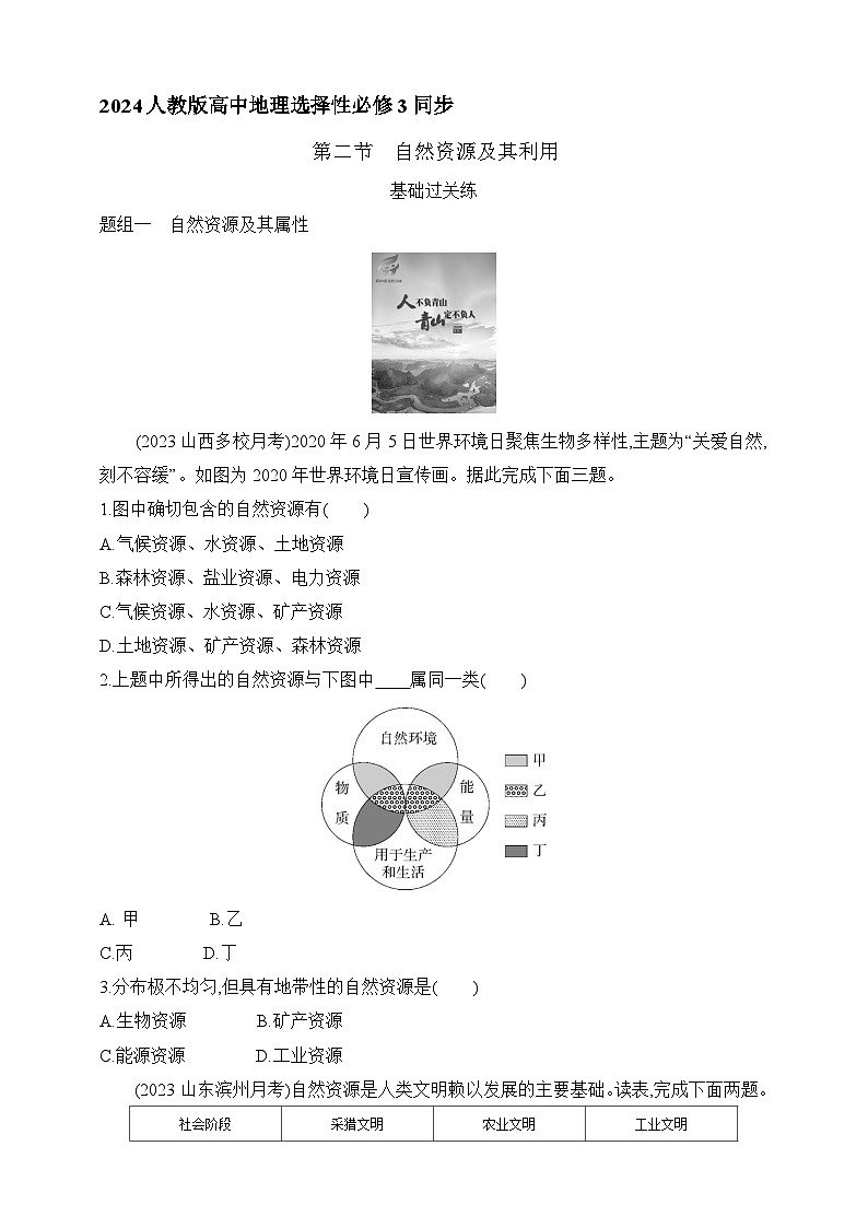 2024人教版高中地理选择性必修3同步练习题--第一章第二节 自然资源及其利用(含解析)01