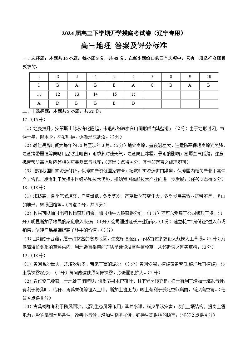 高三地理开学摸底考(辽宁专用)(答案及评分标准)第1页