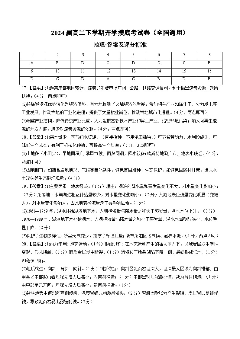 高二地理开学摸底考(全国通用)(答案及评分标准)第1页