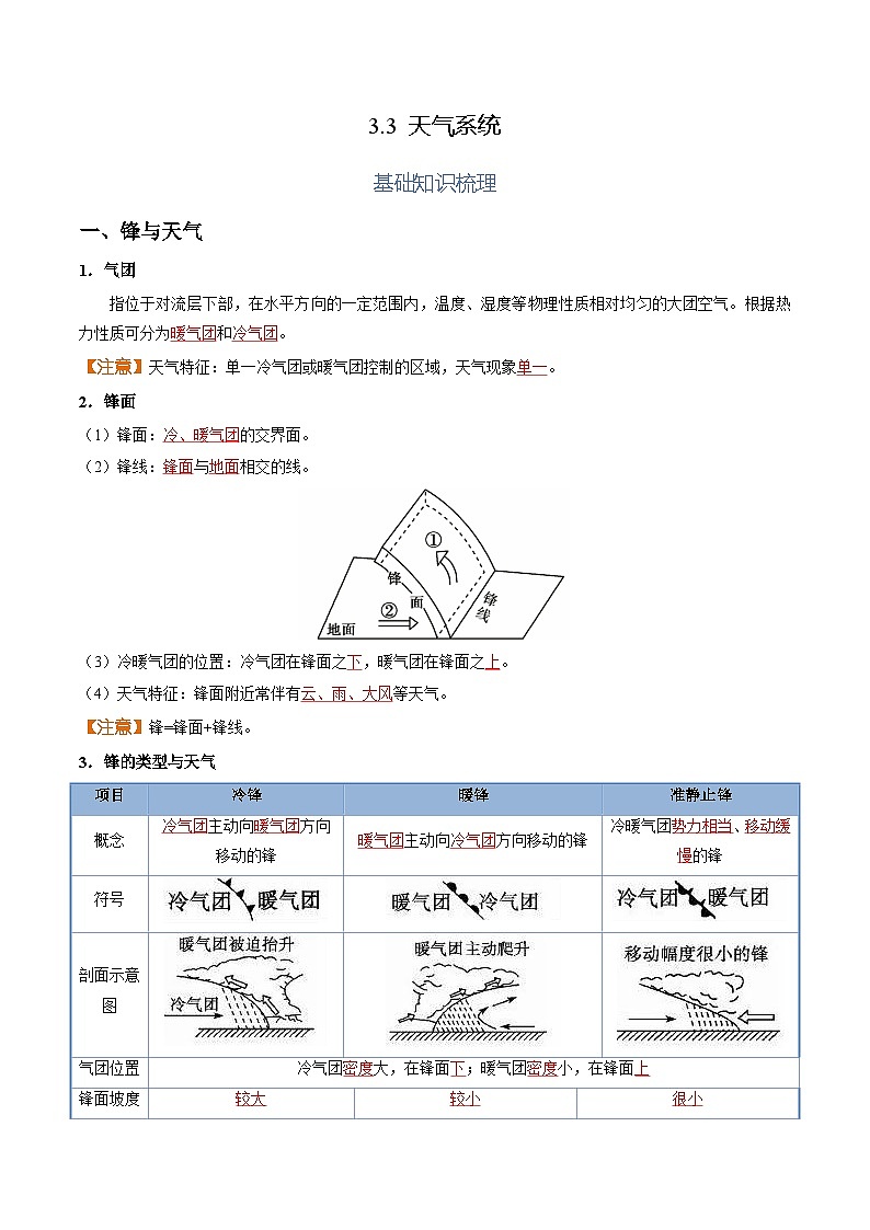 【湘教版地理】选修一 3.3 天气系统(分层练习)01