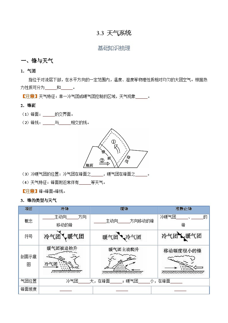 【湘教版地理】选修一 3.3 天气系统(分层练习)01
