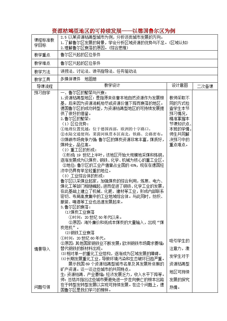 2024春新教材高中地理2.3资源枯竭型地区的可持续发展__以德国鲁尔区为例教学设计(湘教版选择性必修2)01