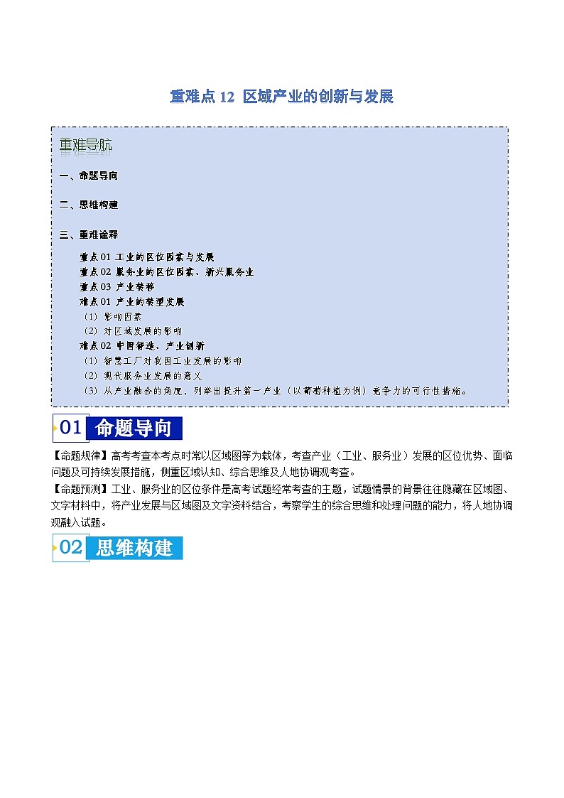 重难点12 区域产业的创新与发展 -2024年高考地理【热点·重点·难点】专练(新高考专用)(原卷版)第1页