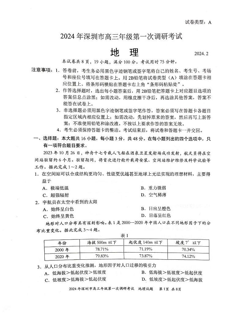 广东省深圳市2024届高三下学期2月第一次调研考试(一模)地理试卷(PDF版附答案)01
