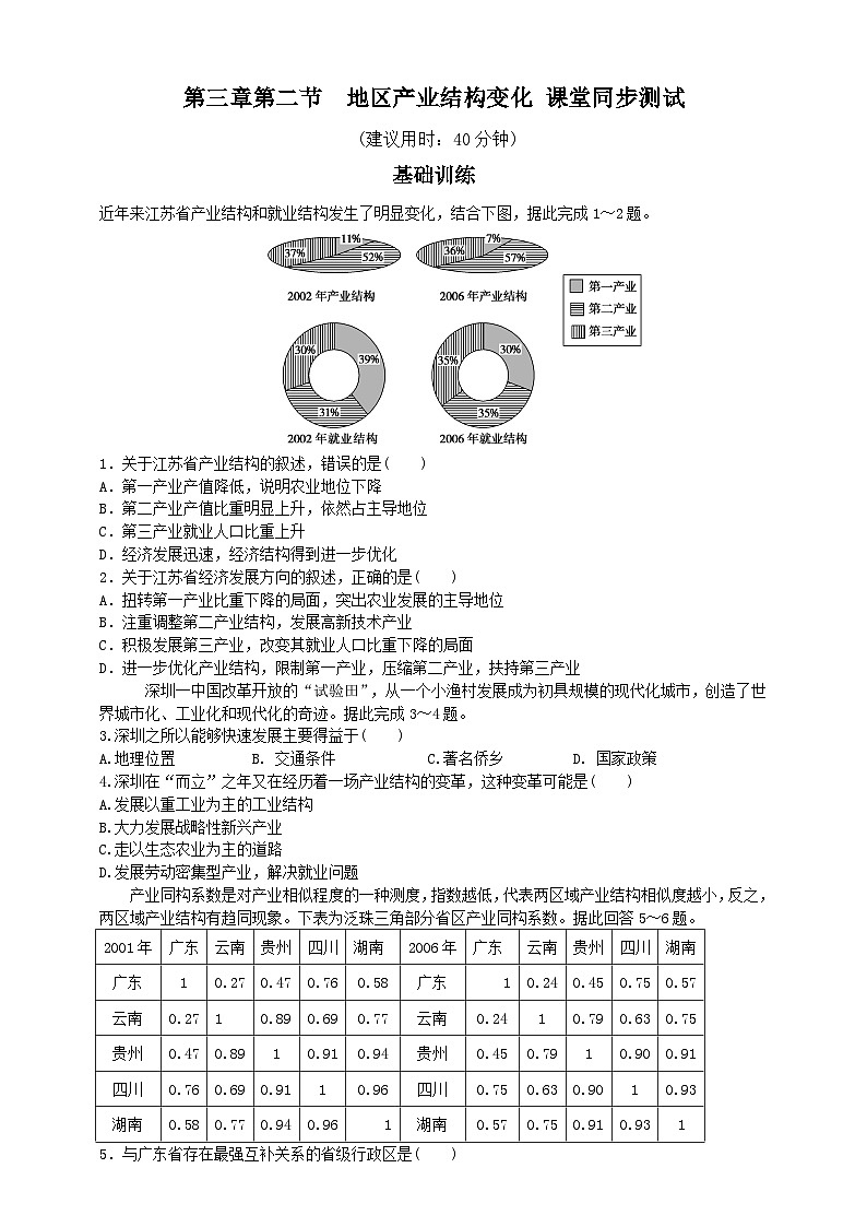 人教版地理选择性必修二3.2地区产业结构变化同步练习01