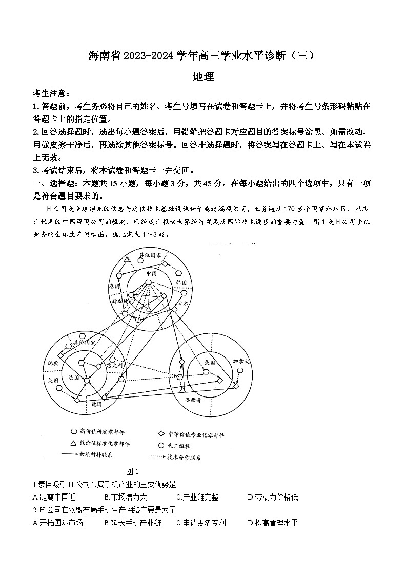 2024届海南省部分学校高三下学期三月学业水平诊断(三)模拟预测地理试题第1页