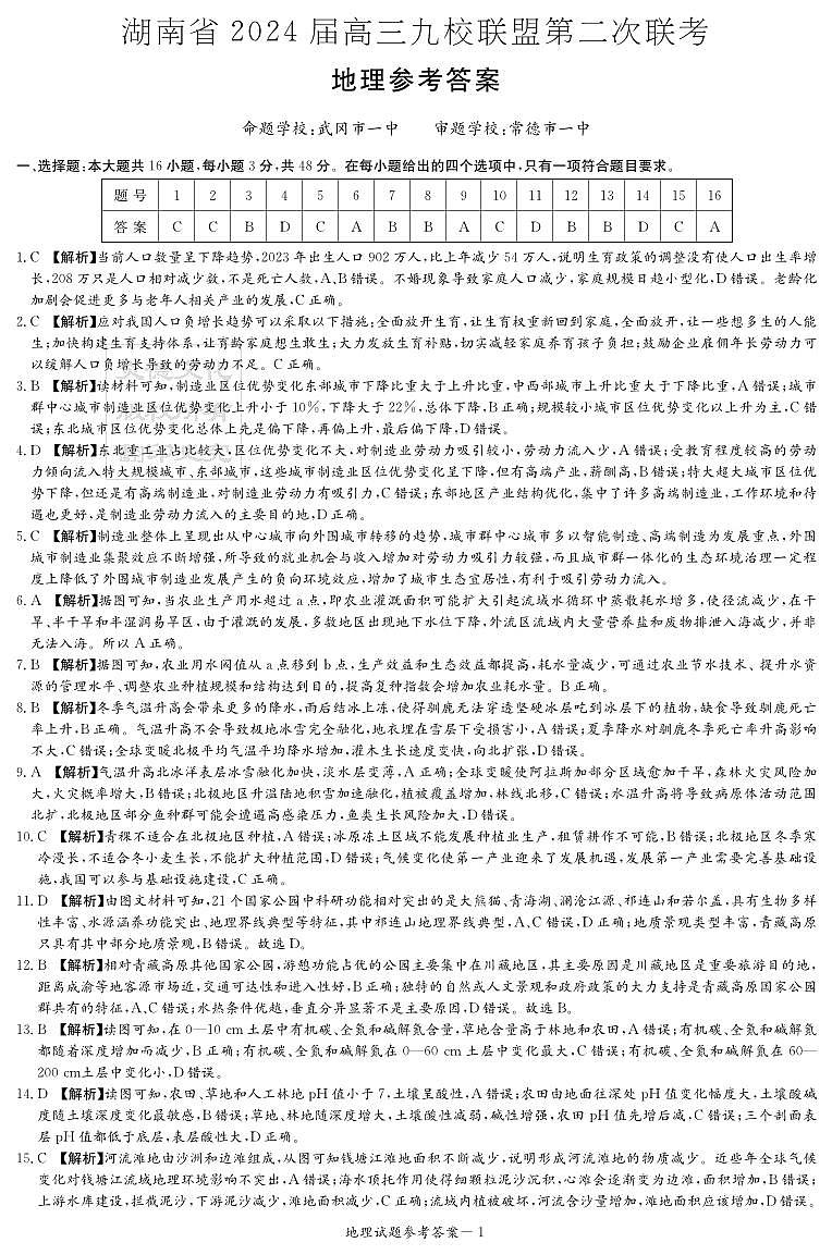 湖南省九校联盟2024届高三下学期第二次联考 地理答案第1页