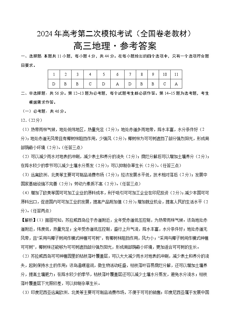 2024年高考第二次模拟考试卷:地理(全国卷老教材)(参考答案)第1页