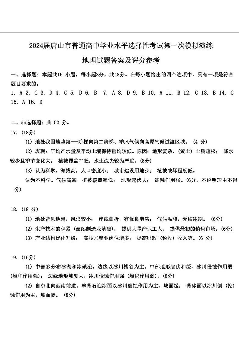2024届唐山市普通高等学校招生统一考试高三下学期第一次模拟演练 地理01