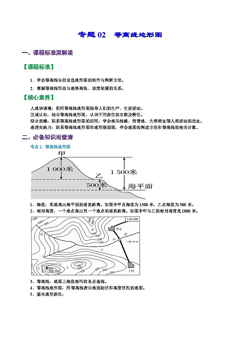 专题02 等高线地形图(精品讲义)-备战高考地理一轮复习全考点精讲练(浙江专用)(解析版)第1页