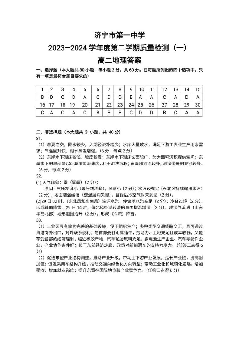 2024济宁一中高二下学期开学考试地理含答案01