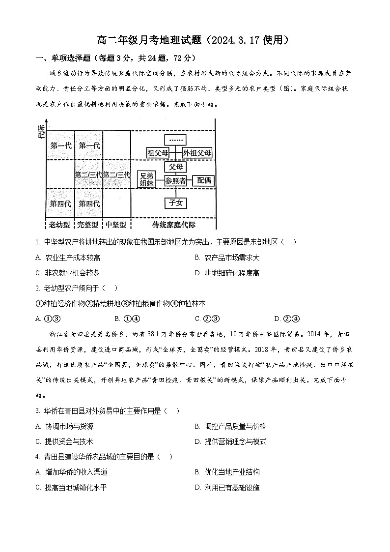 河北省定州中学2023-2024学年高二下学期3月月考地理试卷(Word版附解析)第1页