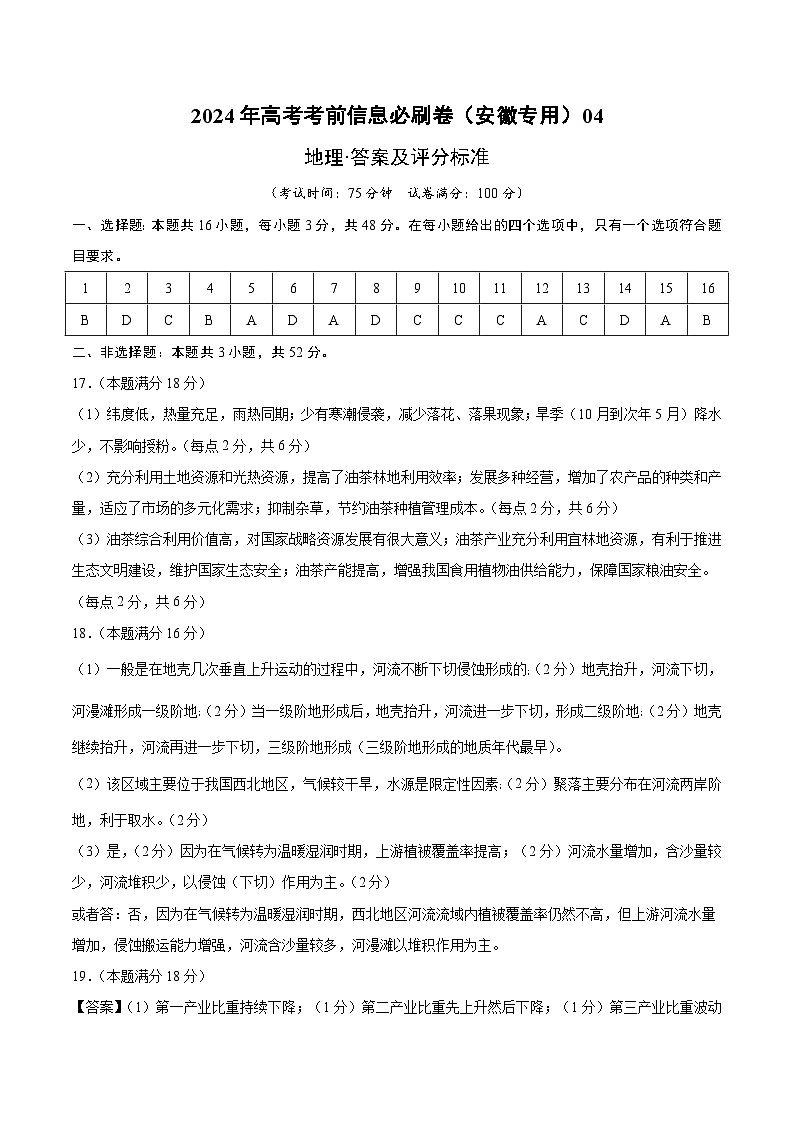2024年高考地理考前信息必刷卷04(安徽专用)(参考答案)第1页