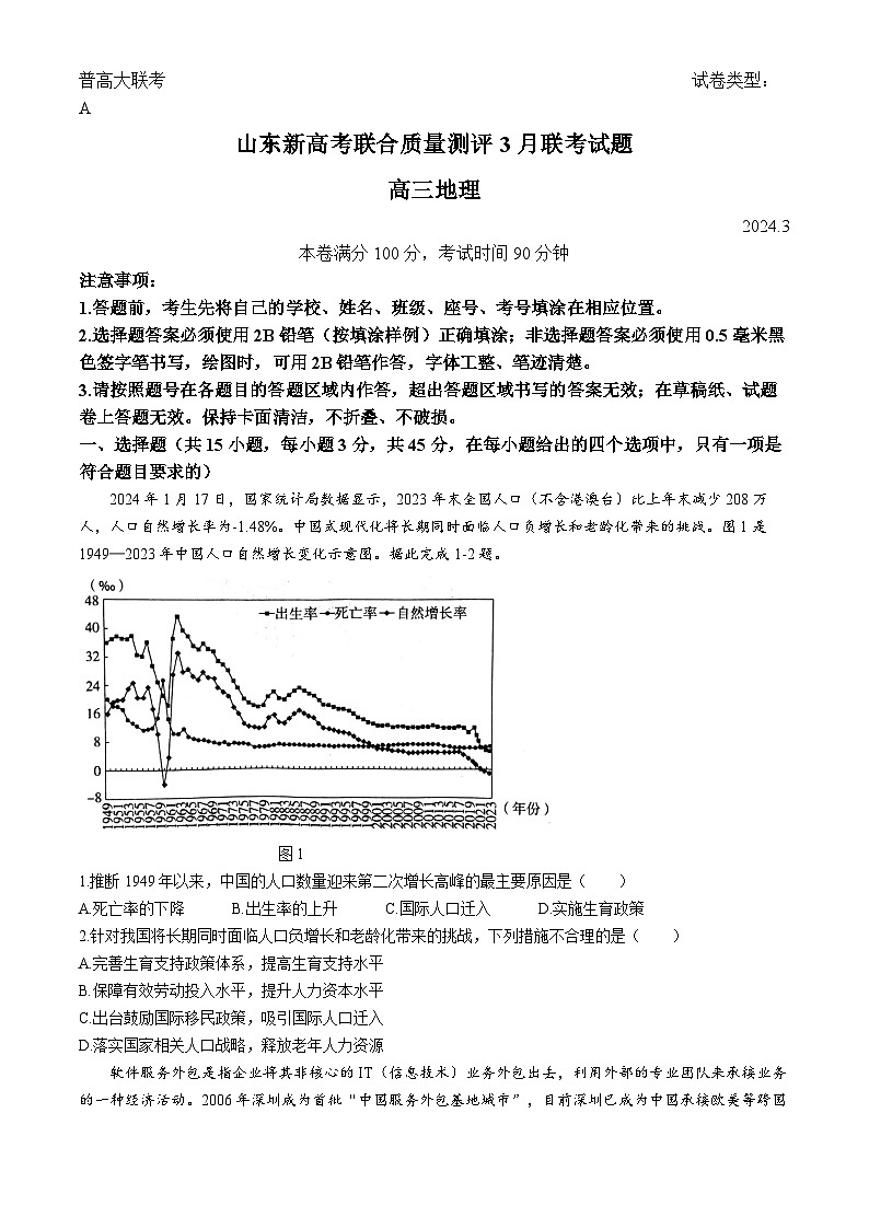 山东省新高考联合质量测评2024届高三下学期3月联考地理试卷(Word版附答案)第1页