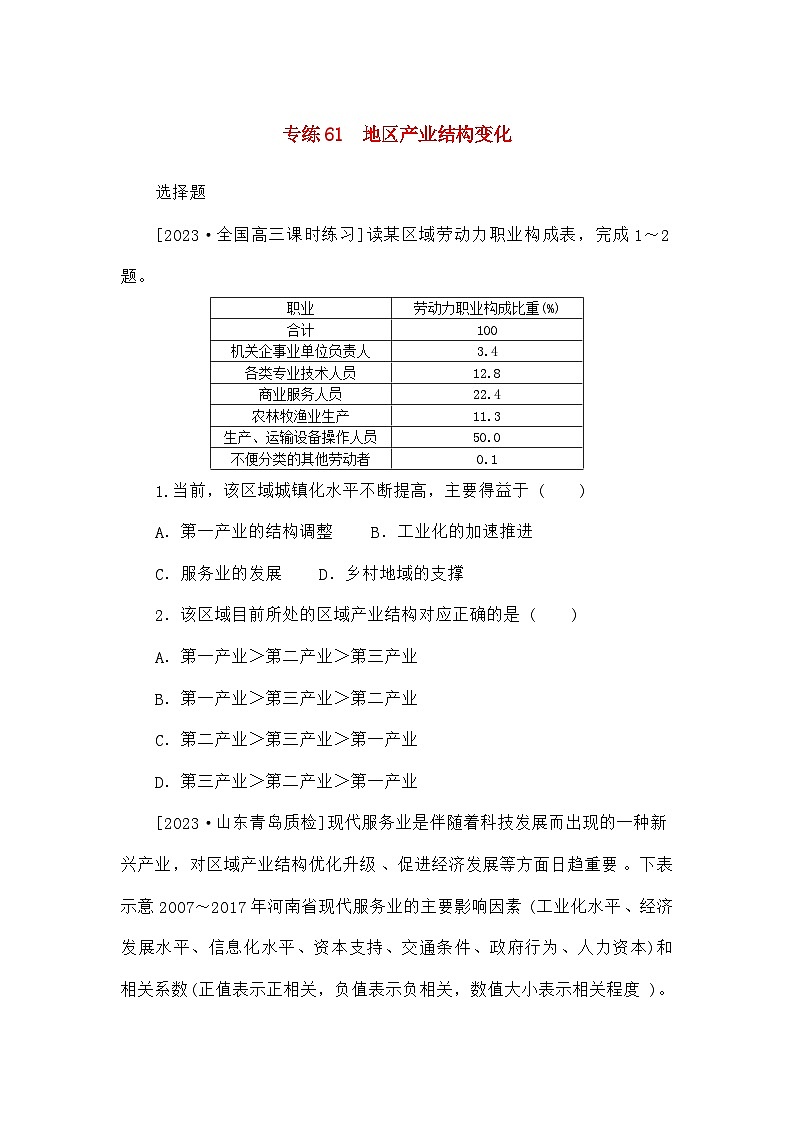 高考地理一轮复习微专题小练习专练61地区产业结构变化第1页