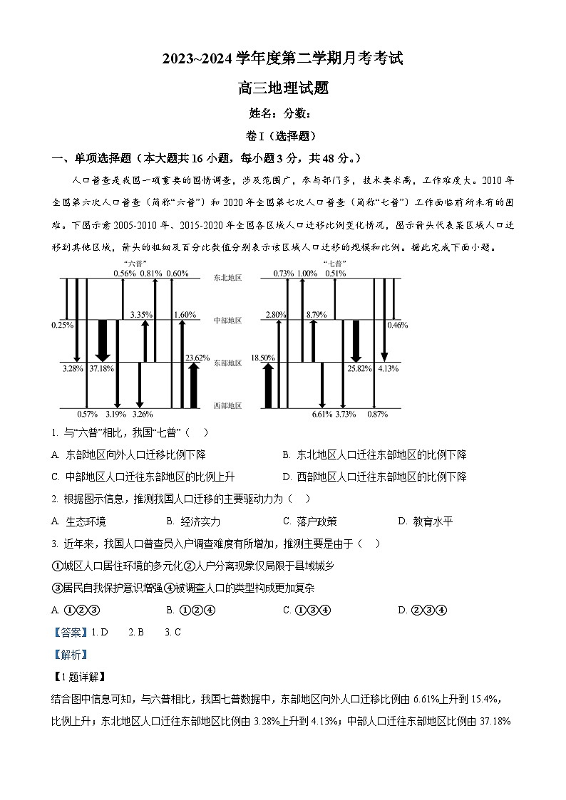 江西省部分学校2023-2024学年高三下学期3月模拟考试地理试题(Word版附解析)01