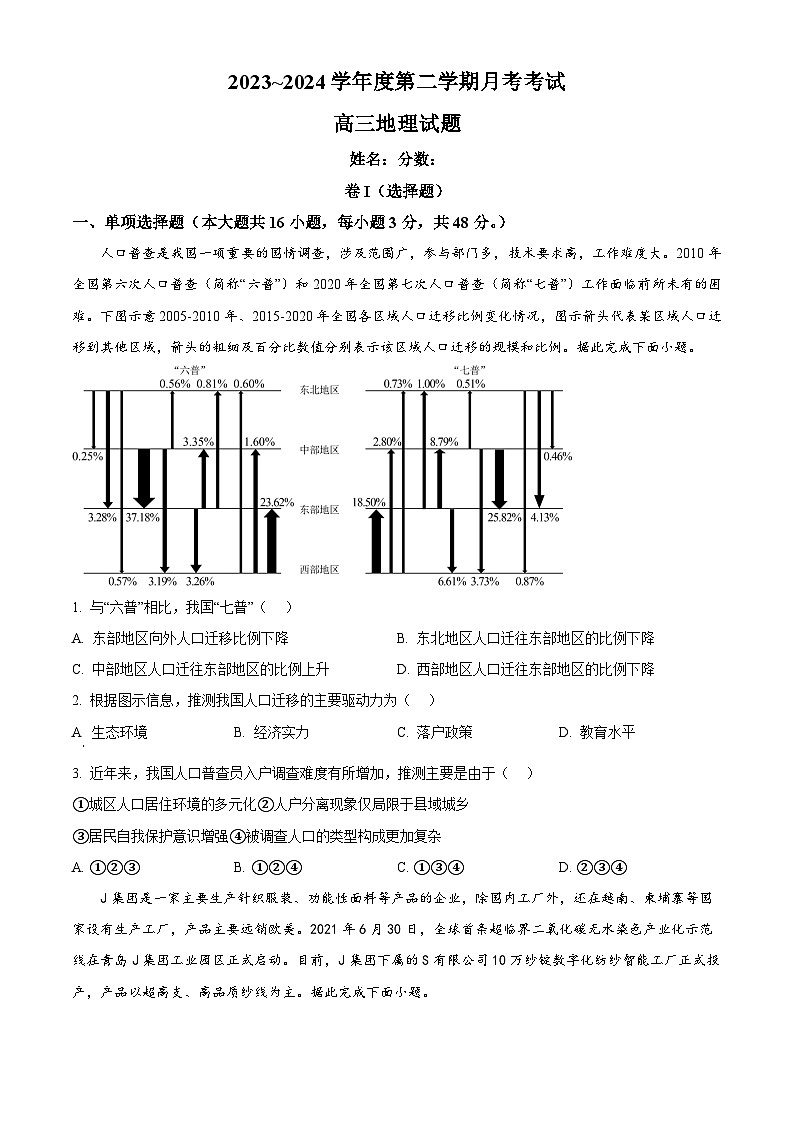江西省部分学校2023-2024学年高三下学期3月模拟考试地理试题(Word版附解析)01
