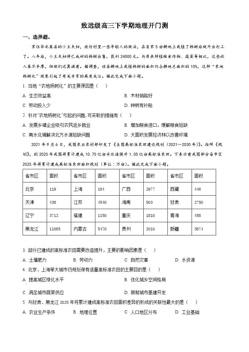 福建省福建师范大学附属中学致远级2023-2024学年高三下学期开门测地理试卷（Word版附解析）