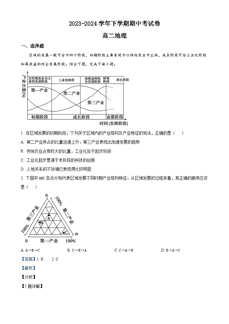 江西省宜春市丰城市东煌学校2023-2024学年高二下学期期中地理试题(原卷版+解析版)01