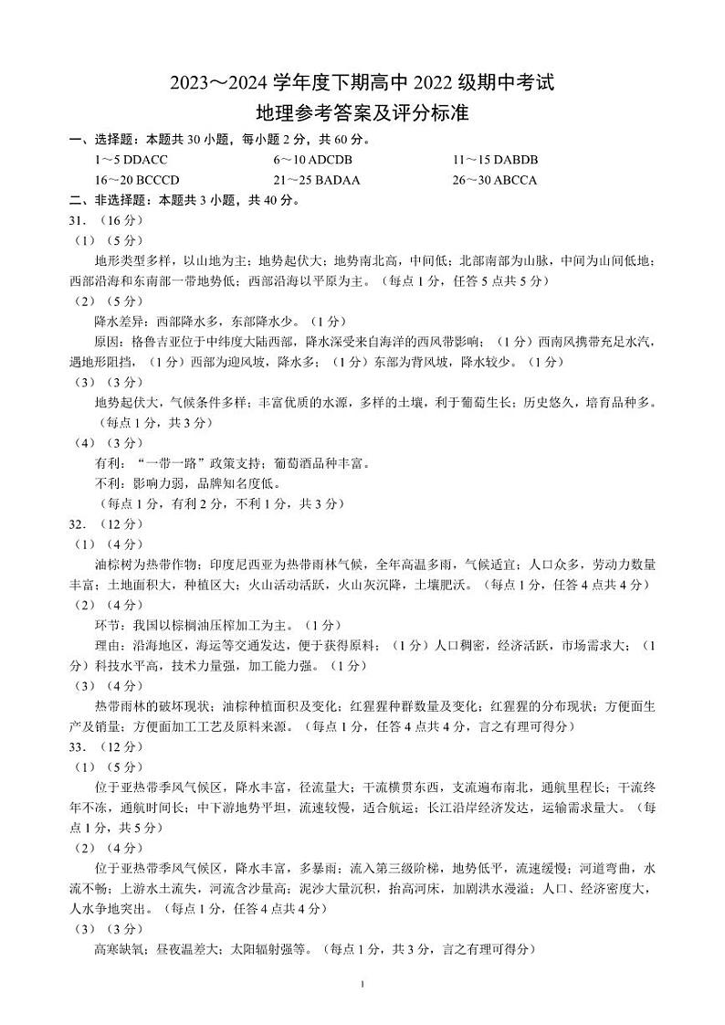 2023~2024学年度下期高中2022级期中考试地理参考答案及评分标准第1页