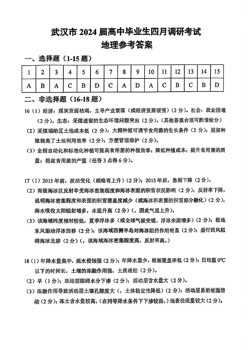 湖北省武汉市2024届高中毕业生四月调研考试地理试题01