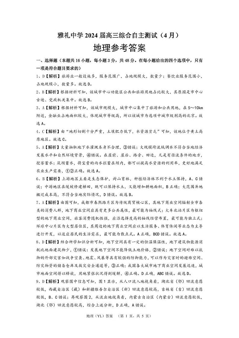 2024届湖南省长沙市雅礼中学高考二模地理试题01