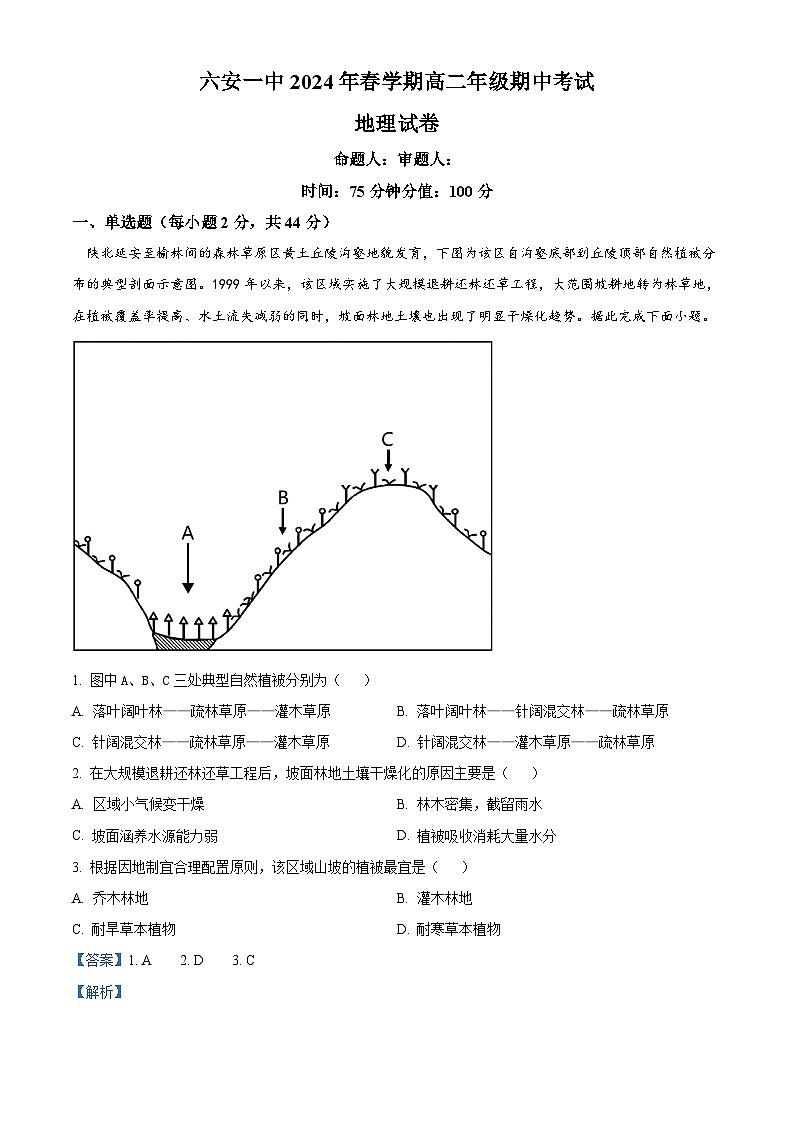 安徽省六安第一中学2023-2024学年高二下学期期中考试地理试题(原卷版+解析版)01