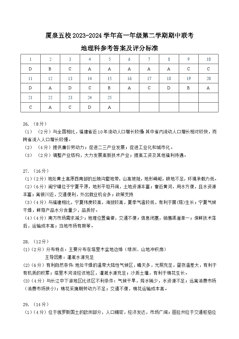 厦泉五校2023-2024学年高一年级第二学期期中联考地理答案第1页