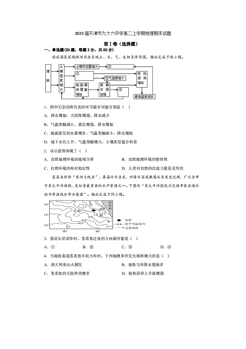2023屆天津市九十六中學(xué)高二上學(xué)期地理期末試題第1頁