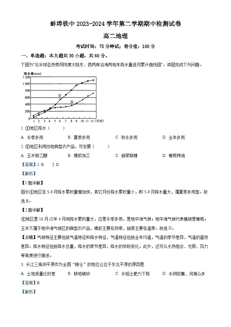 安徽省蚌埠铁路中学2023-2024学年高二下学期期中考试地理试题(原卷版+解析版)01
