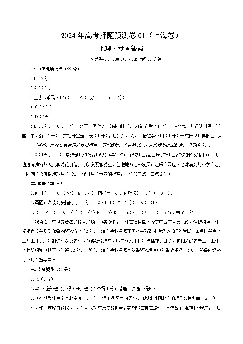 2024年高考押题预测卷—地理(上海卷01)(参考答案)01