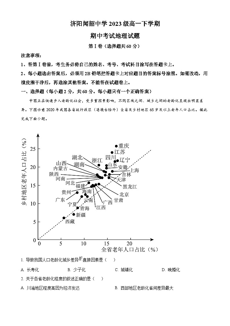 山东省济阳闻韶中学2023-2024学年高一下学期期中考试地理试题(原卷版+解析版)01