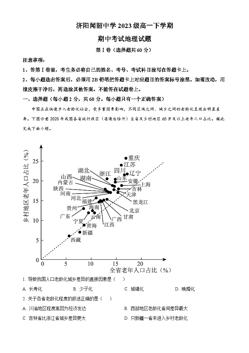 山东省济阳闻韶中学2023-2024学年高一下学期期中考试地理试题(原卷版+解析版)01