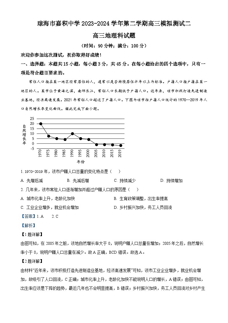 海南省琼海市嘉积中学2023-2024学年高三下学期4月月考地理试题(解析版)第1页