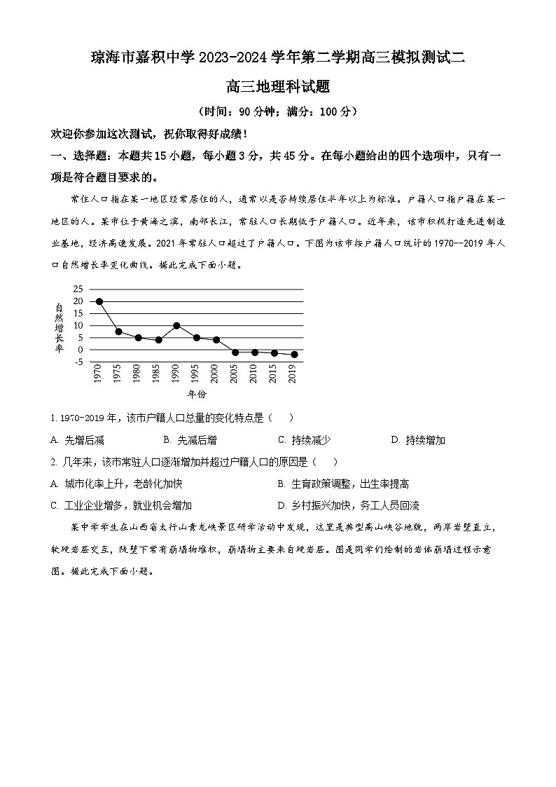 海南省琼海市嘉积中学2023-2024学年高三下学期4月月考地理试题(原卷版)第1页
