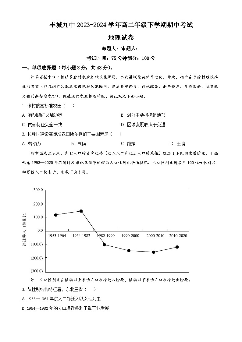 江西省宜春市丰城市第九中学2023-2024学年高二下学期期中考试地理试题(原卷版+解析版)01