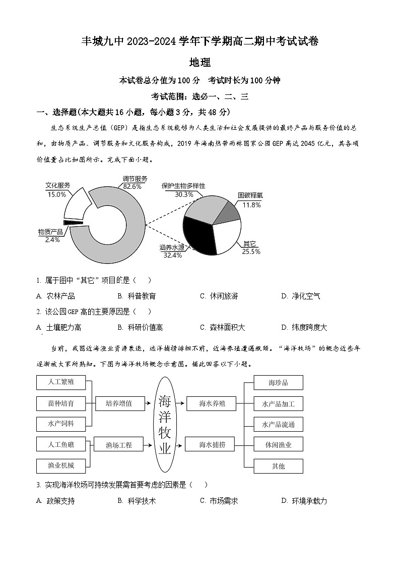 江西省宜春市丰城市第九中学2023-2024学年高二下学期4月期中地理试题(原卷版+解析版)01