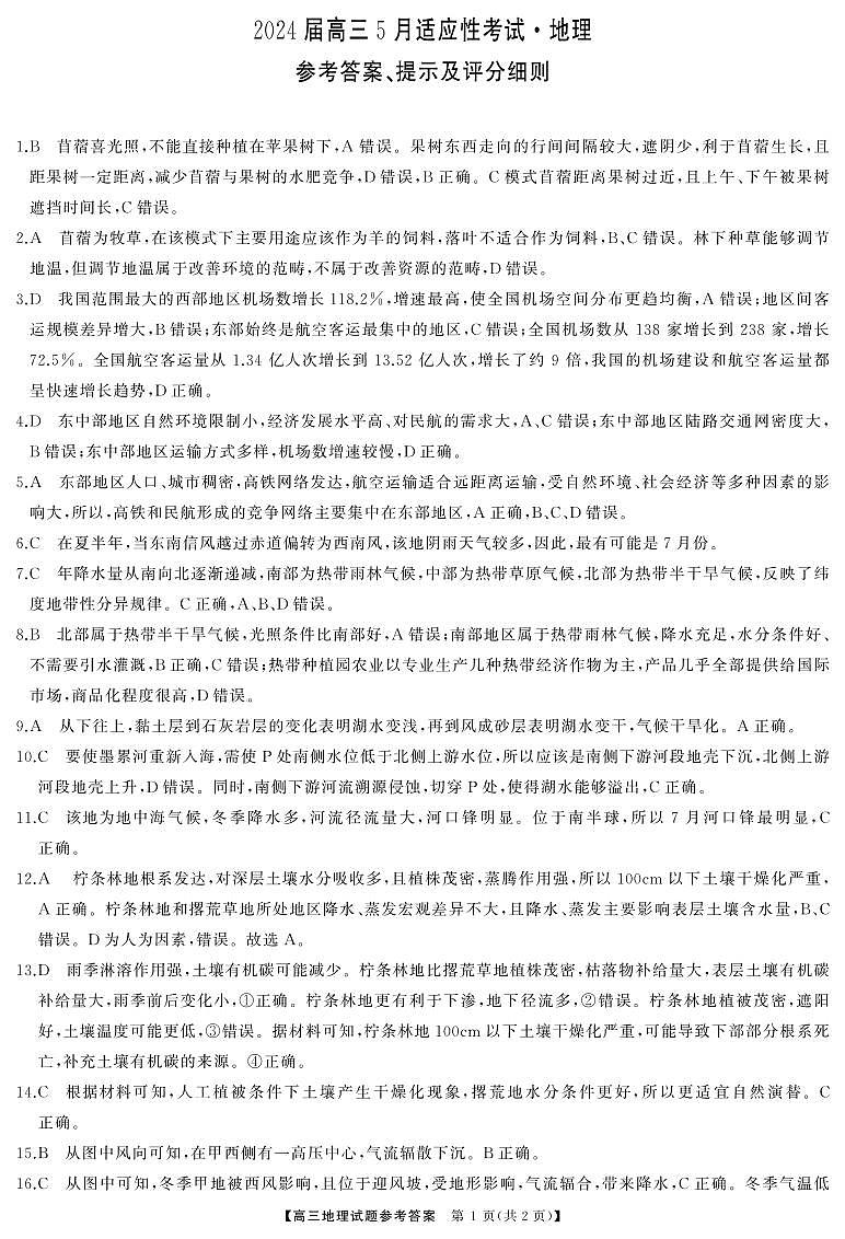 2024届湖南天壹名校联盟高三下学期适应性考试地理试题01